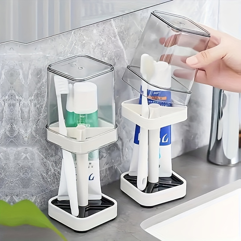 Toothbrush Holder Set - ที่วางแปรงสีฟัน 1 ชิ้นพร้อมถ้วยน้ํายาบ้วนปาก, กล่องเก็บแปรงสีฟันคู่, ชุดแก้วห้องน้ําสไตล์มินิมอล, การระบายน้ําฝุ่น