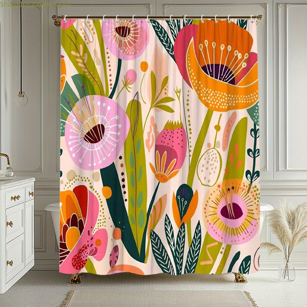 Home Decor Bathroom Ideas - ม่านอาบน้ำลายดอกไม้สีสันสดใส ดีไซน์พฤกษศาสตร์แบบนามธรรม ผ้าคลุมอาบน้ำกันน้ำสำหรับตกแต่งบ้าน ไอเดียห้องน้ำแสนอบอุ่น