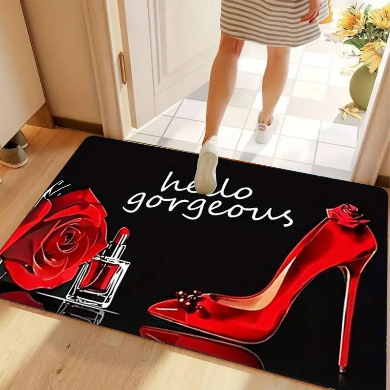 Home Made Bathroom Vanity - พรมเช็ดเท้า Hello Gorgeous สีแดงลายรองเท้าส้นสูงและลิปสติก กันลื่น สำหรับวางหน้าโต๊ะเครื่องแป้งในห้องนอนและตกแต่งบ้านให้ดูหรูหรา