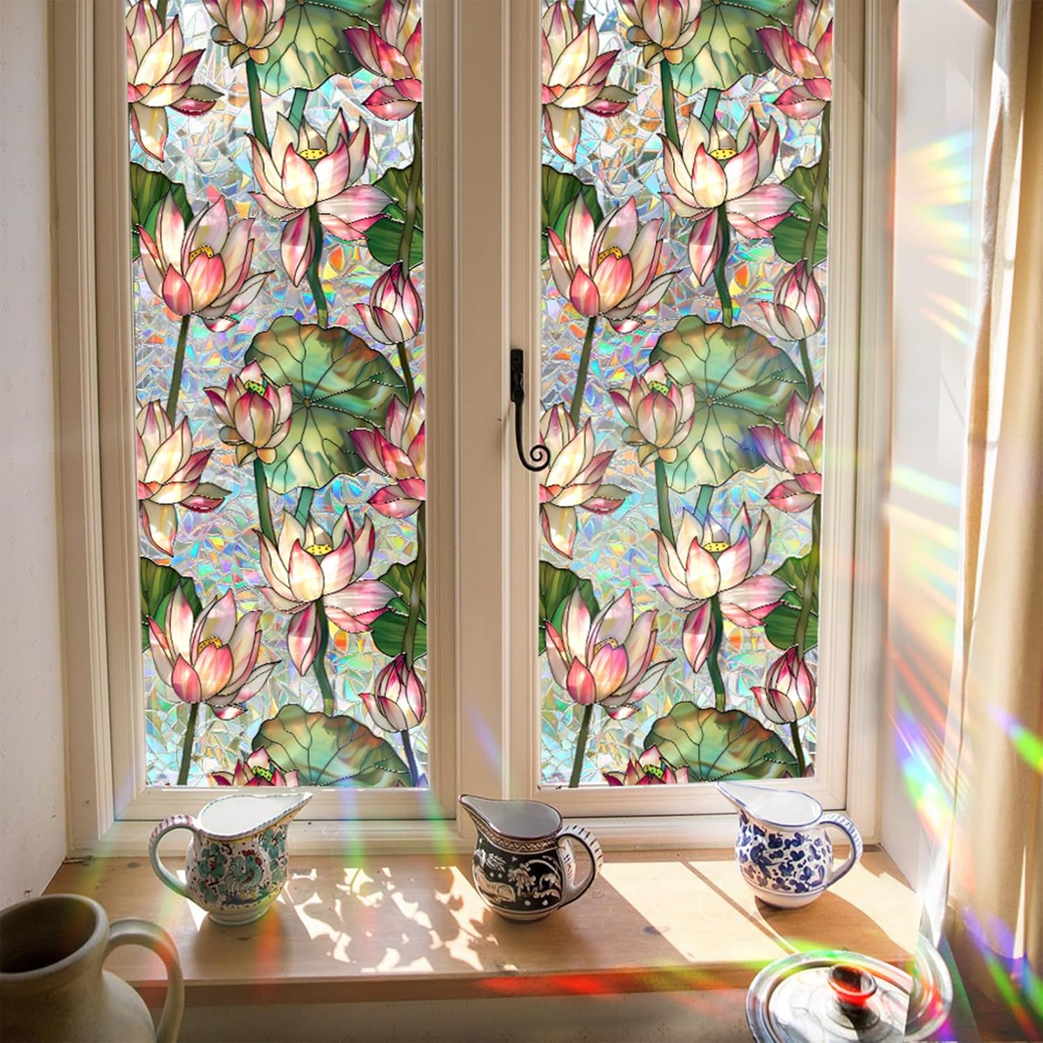 Home Bathroom Window Tint - ฟิล์มติดกระจกลายดอกบัว, ฟิล์มติดกระจกสีรุ้ง, สติ๊กเกอร์ติดกระจกแบบคงที่, ฟิล์มกรองแสงสำหรับบ้านและห้องน้ำ