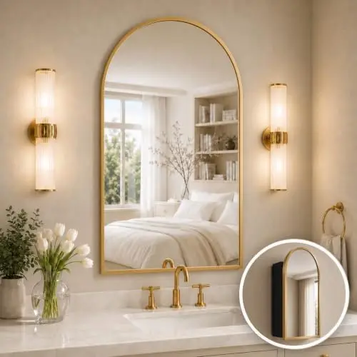 Bathroom Cabinet Mirror - กระจกตู้ยาทรงโค้ง ไม่ต้องประกอบ กระจกห้องน้ำพร้อมที่เก็บของ มีตัวเลือกติดตั้งแบบฝังหรือแบบติดผิว (สีทอง)