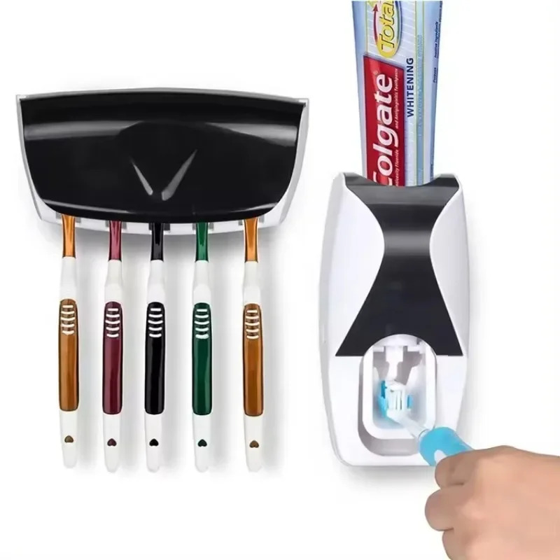 Toothbrush Holder Set - ชุดที่ประกอบด้วยที่วางแปรงสีฟันที่ใช้งานง่ายพร้อมเครื่องจ่ายยาสีฟันอัตโนมัติ, ชั้นวางแปรงสีฟันติดผนัง และอุปกรณ์สำหรับห้องน้ำ