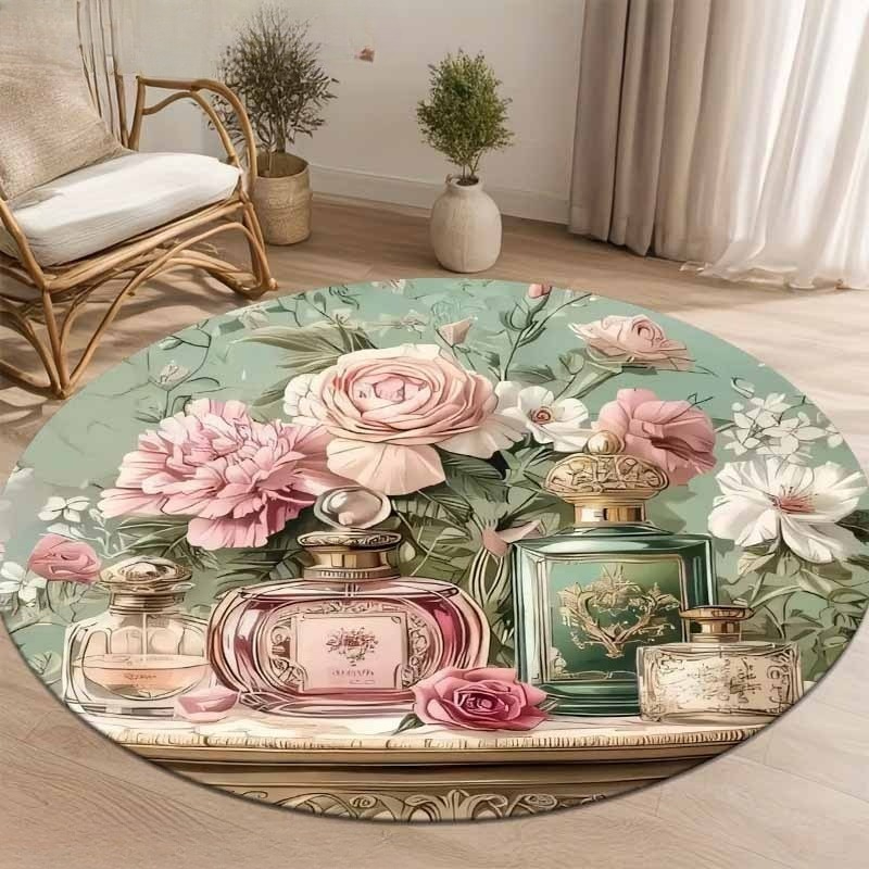 Home Made Bathroom Vanity - พรมวงกลมลายแจกันน้ำหอมดอกไม้สไตล์เรโทรสุดหรู พรมลายดอกไม้สีพาสเทลโรแมนติกสำหรับห้องนอนหรือโต๊ะเครื่องแป้ง