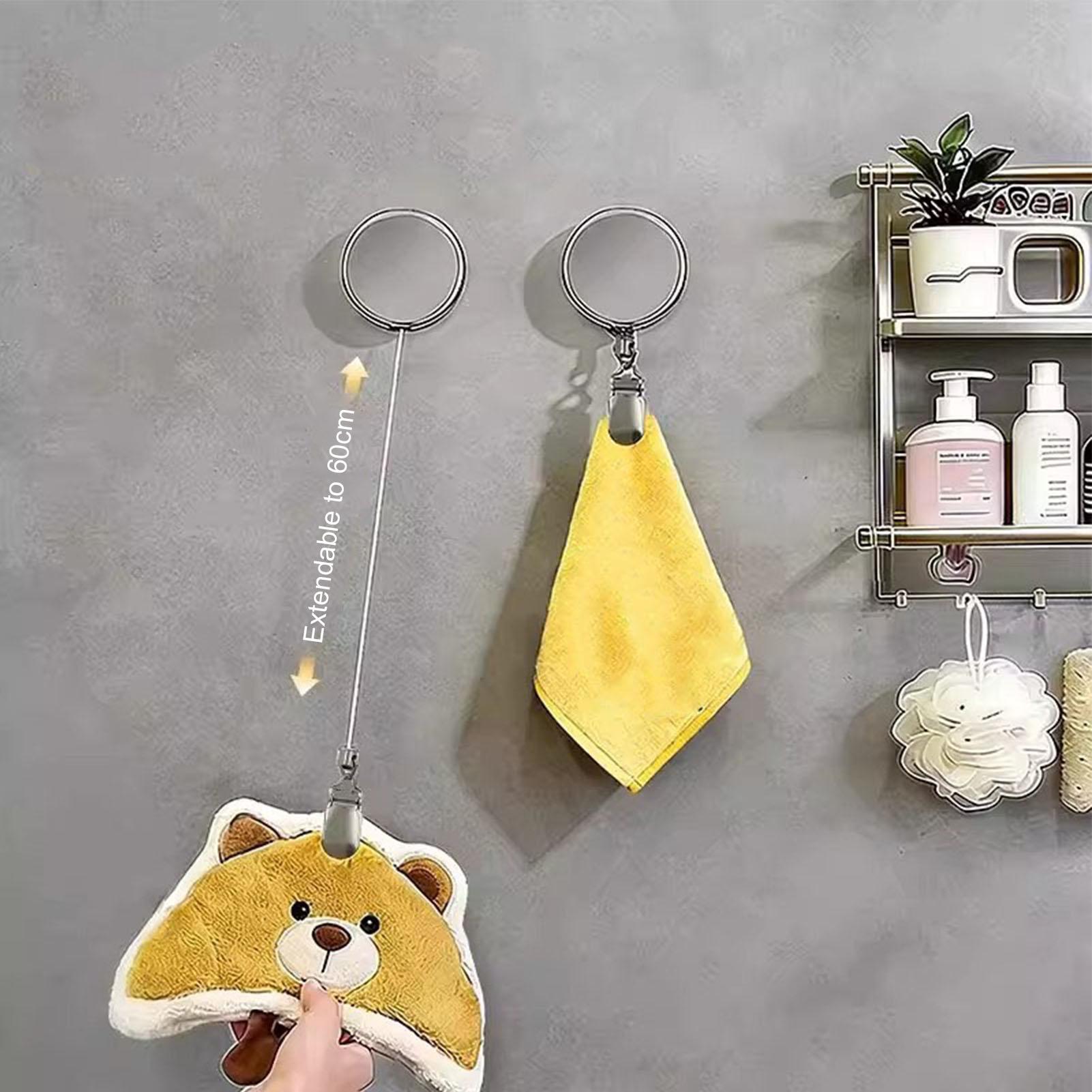 Home Bathroom Towels - ที่แขวนผ้าเช็ดมือแบบยืดหดได้อัตโนมัติ 1 ชิ้น แบบติดผนังด้วยกาวในตัว พร้อมสายรัดแบบดึงได้ ที่หนีบผ้าเช็ดมือ