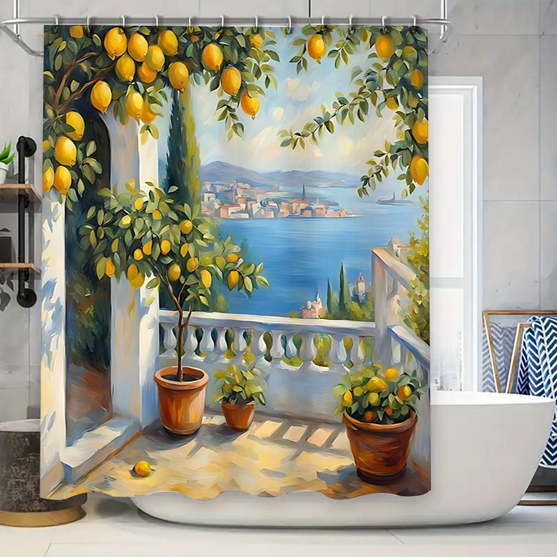 Home Decor Bathroom Ideas - ม่านอาบน้ำลายสวนมะนาวเมดิเตอร์เรเนียน ดีไซน์วิววิลล่าริมชายฝั่ง ผ้าปูพื้นห้องน้ำกันน้ำสำหรับตกแต่งบ้าน ไอเดียห้องน้ำแสนอบอุ่น