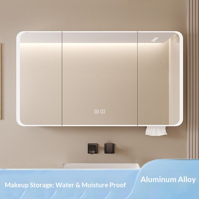 Bathroom Cabinet Mirror - ตู้กระจกห้องน้ำ LED อัจฉริยะติดผนัง ป้องกันฝ้า พร้อมที่เก็บของสำหรับแต่งหน้า ทำจากอะลูมิเนียมเกรดอากาศยาน