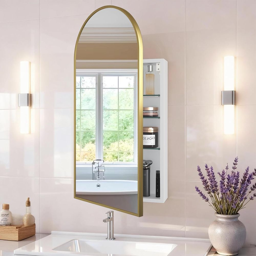 Bathroom Cabinet Mirror - ตู้ยาในห้องน้ำทรงโค้งสีทองสุดหรูพร้อมกระจก เหมาะสำหรับช่าง DIY กระจกห้องน้ำพร้อมที่เก็บของ ตู้ยาแบบมีกระจก