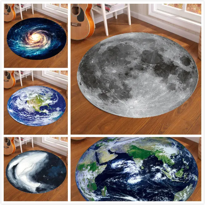 Home Bathroom Floor Mats - Galaxy Earth Moon พรมกลมสําหรับห้องเด็กพรมพรมตกแต่งบ้านห้องนั่งเล่น Anti-SLIP ห้องนอนพรมพรม