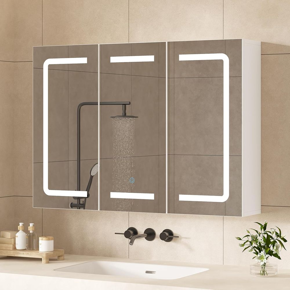 Bathroom Cabinet Mirror - ตู้เก็บยาพร้อมกระจก, ตู้เก็บยาในห้องน้ำมีไฟพร้อมที่เก็บของ, ตู้ติดผนังห้องน้ำ 3 ประตูพร้อมไฟ LED