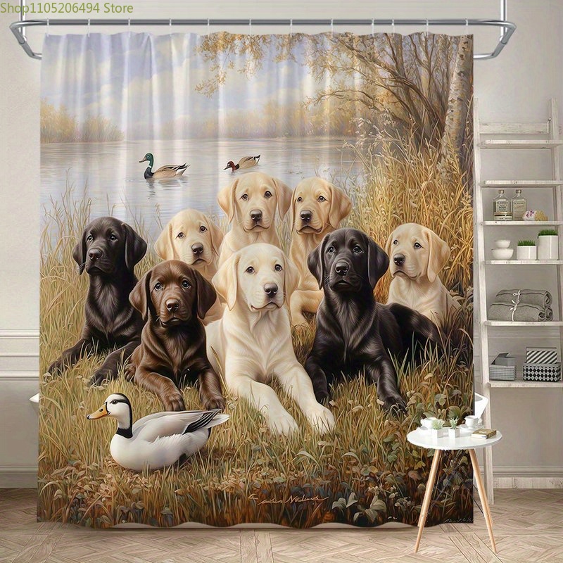 Home Decor Bathroom Ideas - ม่านอาบน้ำลายสุนัขลาบราดอร์, ลายสัตว์เลี้ยงน่ารักพร้อมลายเป็ด, ผ้าคลุมอาบน้ำกันน้ำสำหรับตกแต่งบ้าน, ไอเดียห้องน้ำแสนอบอุ่น