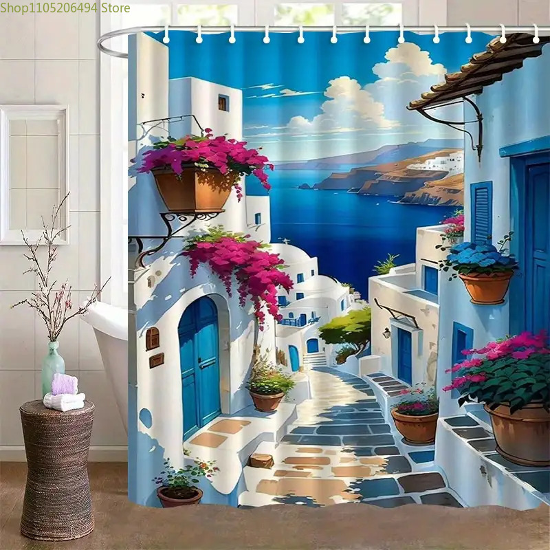 Home Decor Bathroom Ideas - ผ้าม่านอาบน้ำลายเกาะซานโตรินี สีฟ้าขาว ดีไซน์วิวทะเล หมู่บ้าน ตกแต่งบ้าน ผ้าคลุมอาบน้ำกันน้ำ