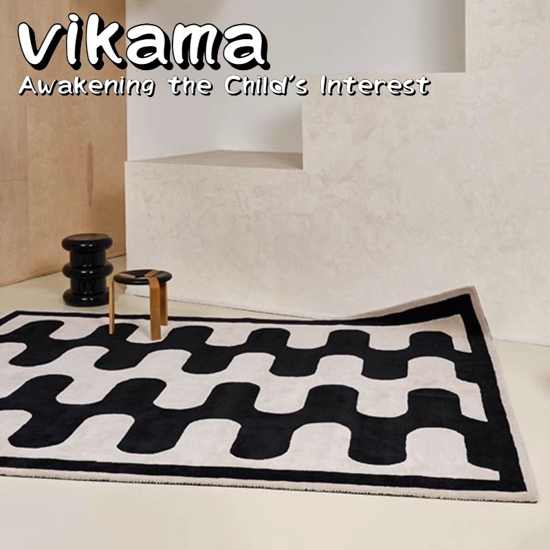 Home Bathroom Design Simple - VIKAMA แผ่นรองกิจกรรมผ้ากำมะหยี่ลายเส้นเรียบง่าย ดีไซน์คลื่นสีดำและสีขาว กระตุ้นความอยากรู้และประสานงาน