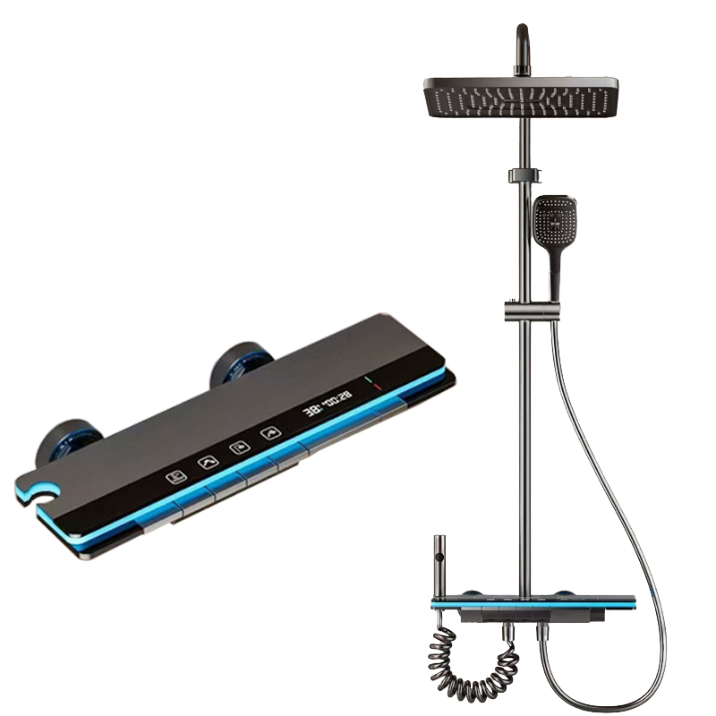 Home Bathroom Faucets - ชุดฝักบัวทองแดงแท้สำหรับใช้ในบ้าน หัวฉีดพ่นน้ำอุณหภูมิคงที่ ก๊อกน้ำห้องน้ำพร้อมหน้าจอดิจิตอลและหัวฉีดสีเทา